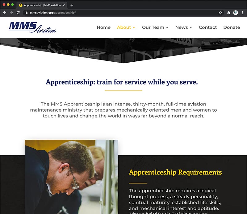MMS Aviation New Website Design Apprenticeship Page
