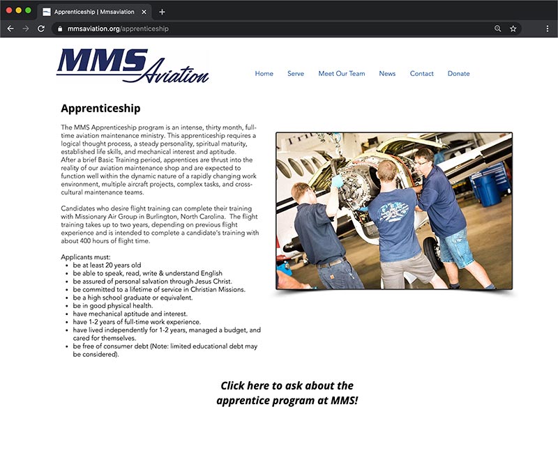 MMS Aviation Old Website Design Apprenticeship Page
