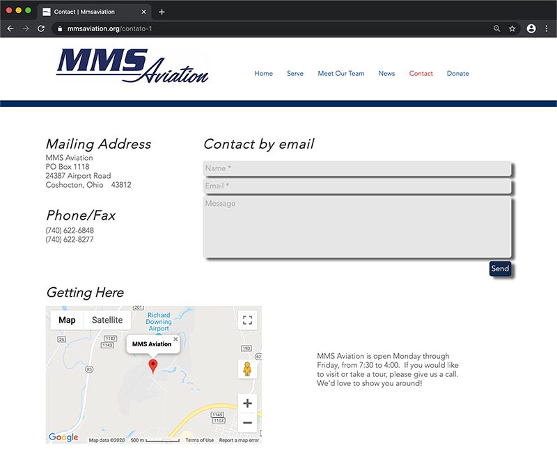 MMS Aviation Old Website Design Contact Page