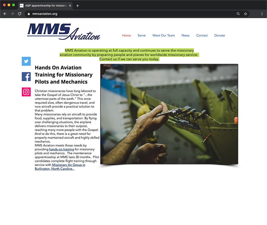 MMS Aviation Old Website Design Home Page