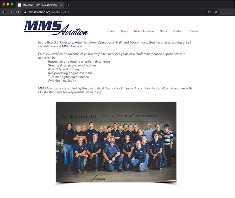 MMS Aviation Old Website Design Meet Our Team Page